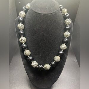 Vintage Japan black glass bead necklace crackle glass chunky mid century
